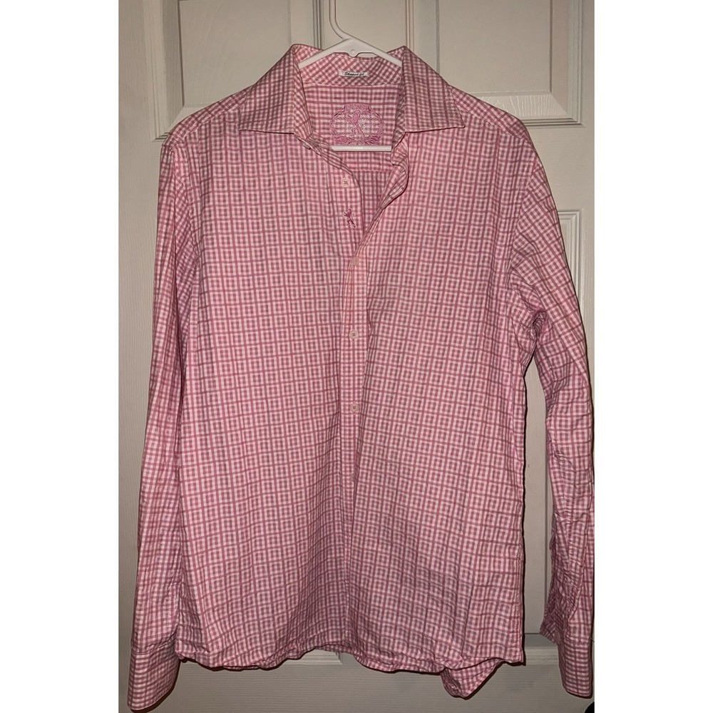 Bugatchi Uomo Dress Shirt Mens Size Large Pink Gingham Plaids Cotton Seersucker